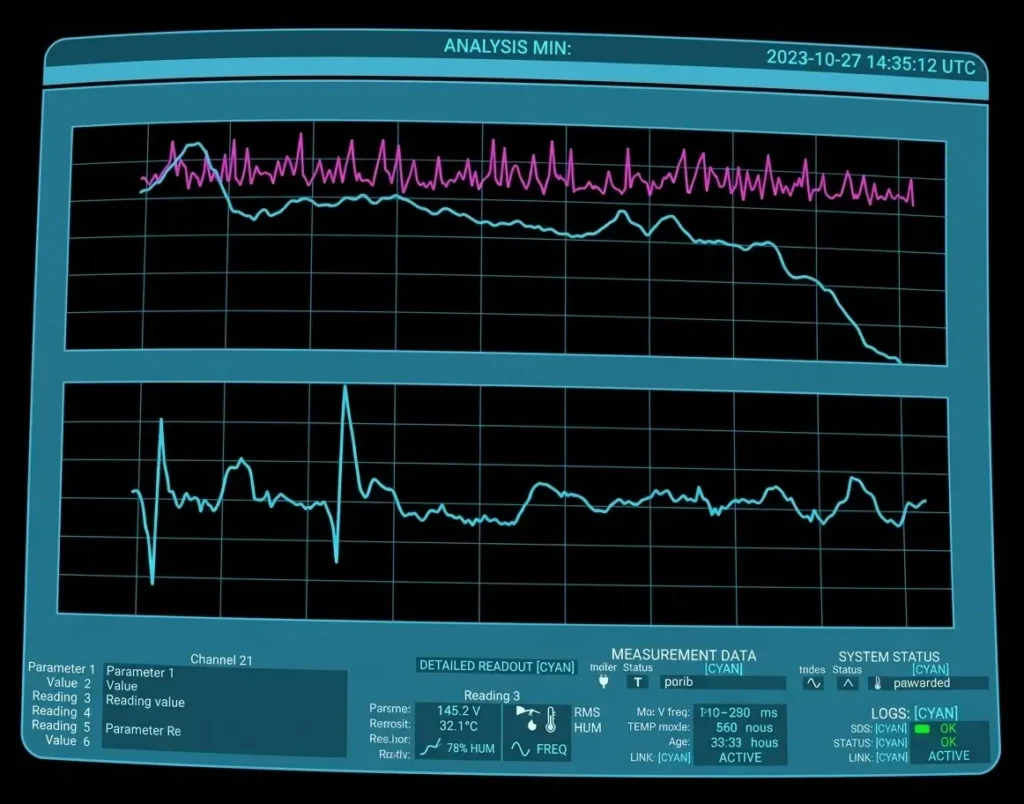 Schermata del sistema di misura Meyer SIM con grafici di analisi del segnale audio