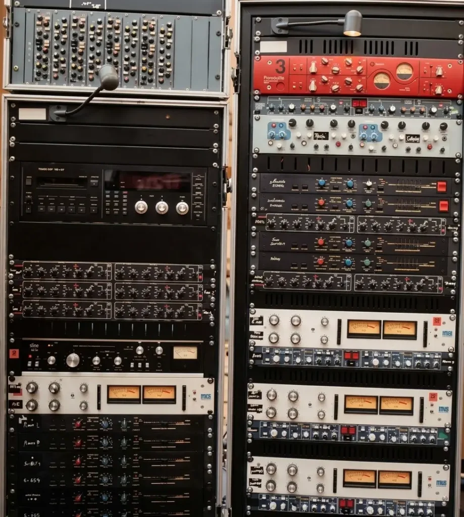 Due rack con processori di dinamica, equalizzatori e preamplificatori della regia audio