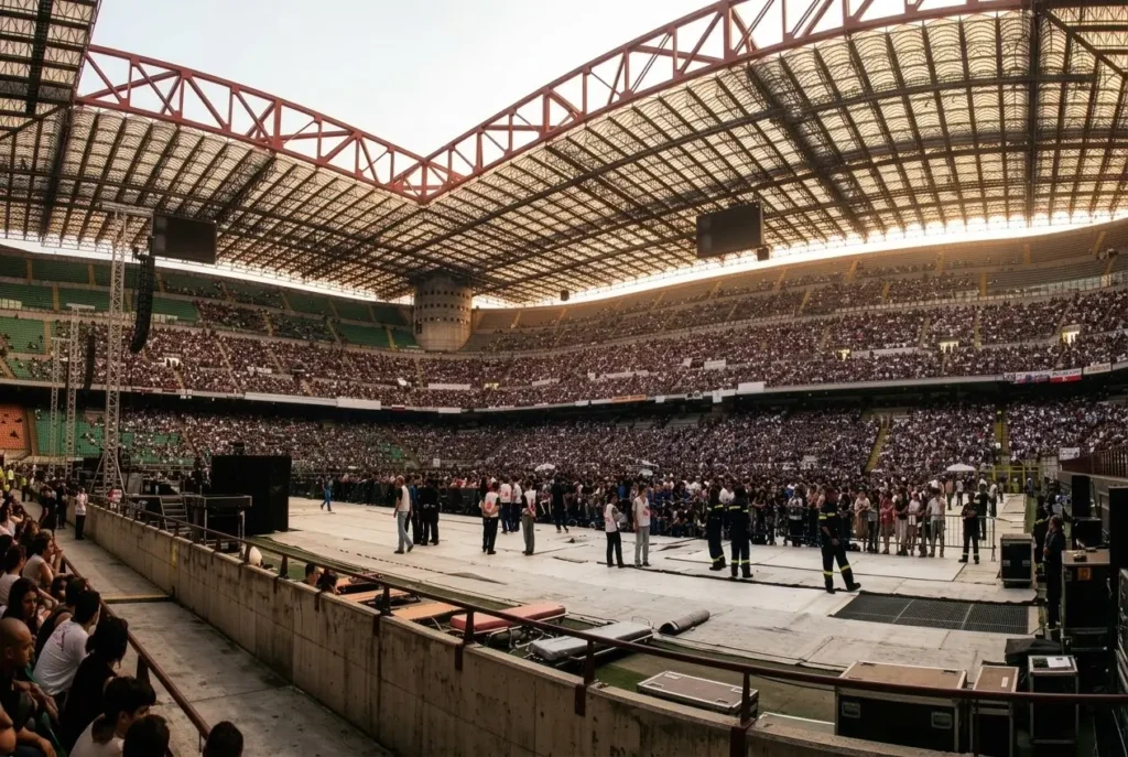 Lo stadio San Siro durante l'allestimento del sistema audio per il concerto di Vasco Rossi nel 1995