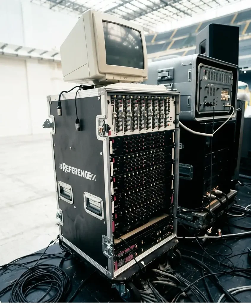 Rack con monitor CRT del sistema di misura Meyer Sound SIM System II allestito a San Siro per il concerto del 1995